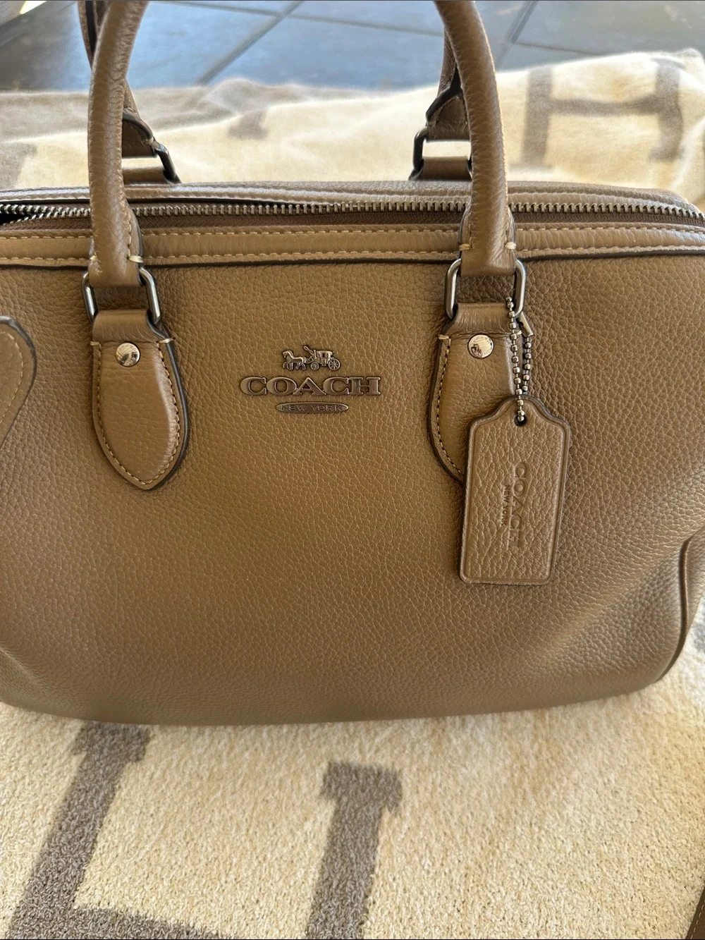 Coach Taupe Leather Messenger Satchel with Adjustable Strap